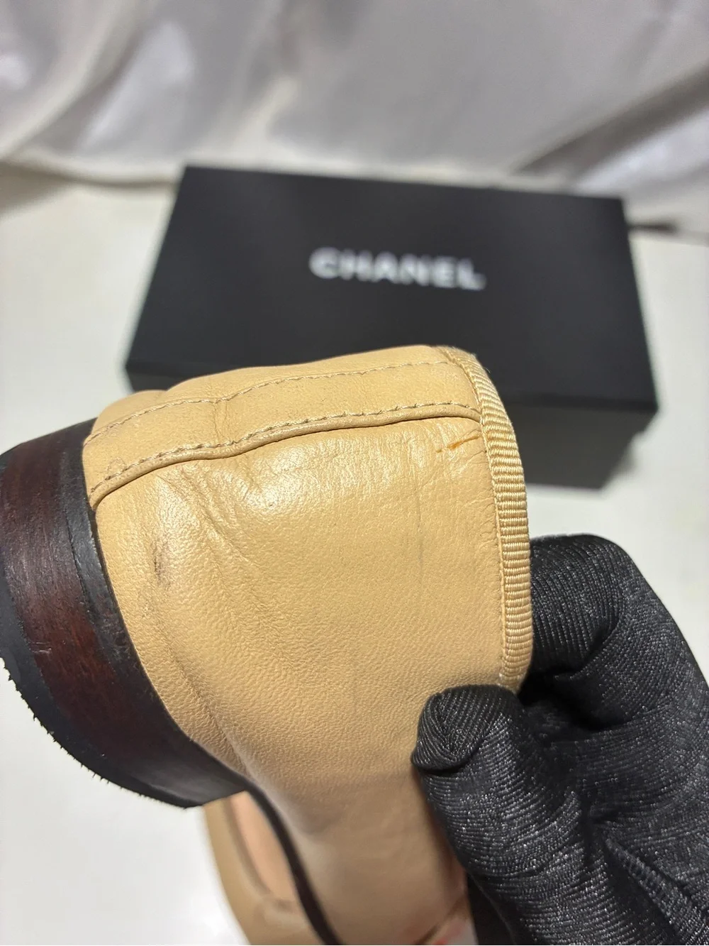 CHANEL Beige Leather Ballet Flats with Black Cap Toe